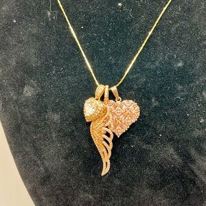 Sterling Gold Tone Wing and Heart Charms on Vintage 30” Crown Trifari Necklace